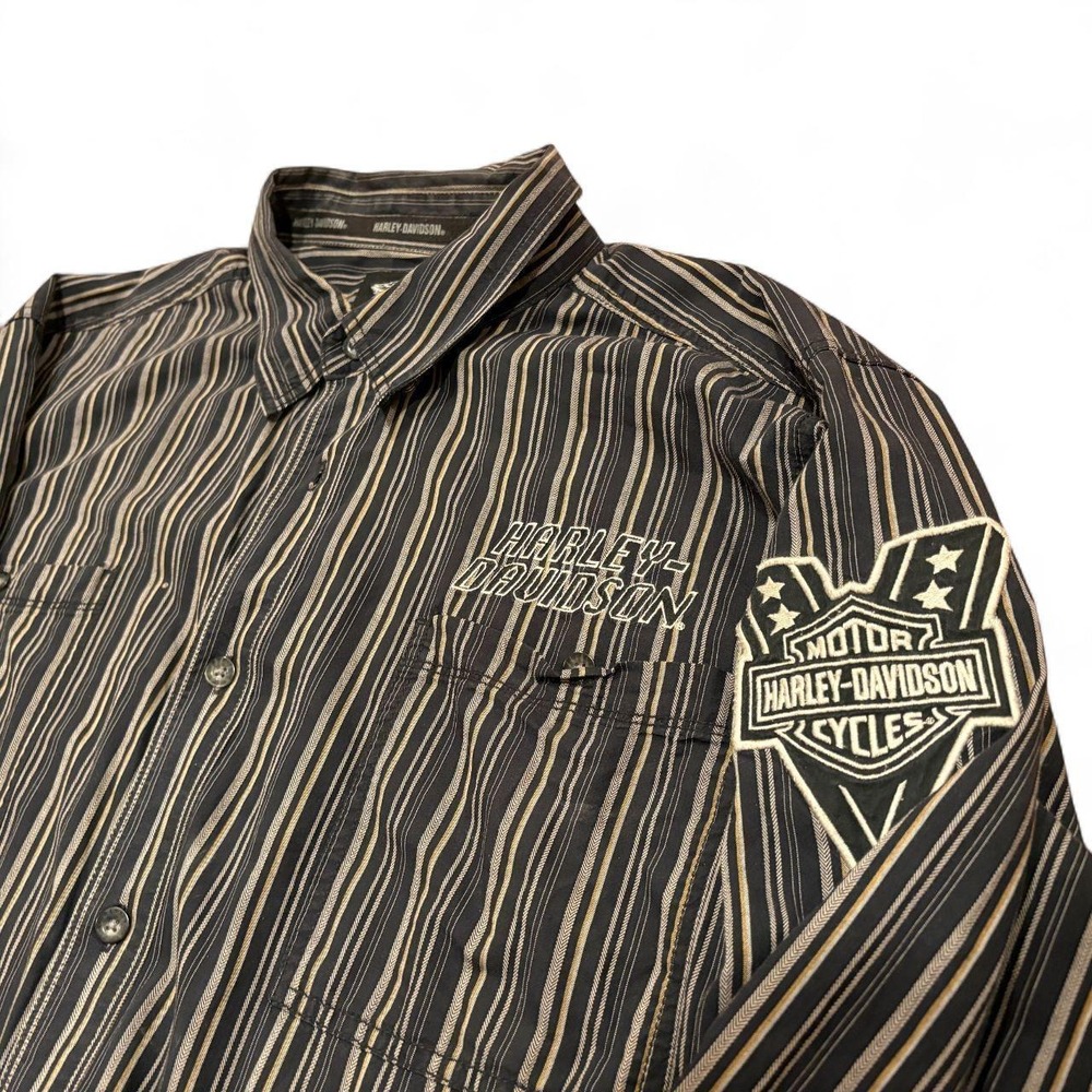 Harley-Davidson Mens 3XL Striped Button Up Shirt Embroidered Logo Sleeve Patch